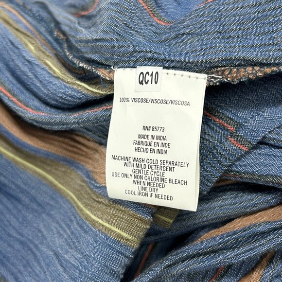 O’NEILL Rosie Top Sz L Navy Blue Striped Front Tie Balloon Sleeve Ruffle Viscose - Picture 7 of 10